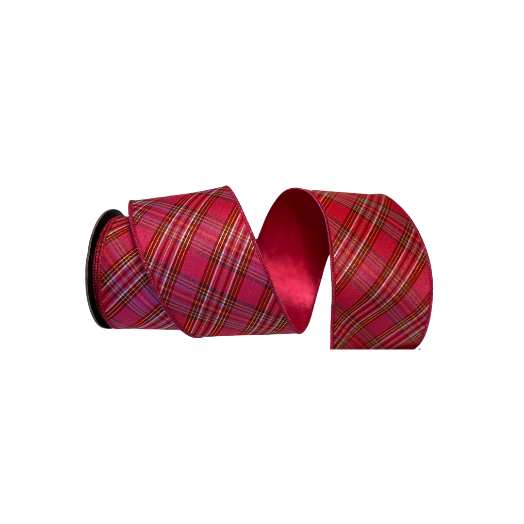 Red, pink, and gold plaid wired ribbon, 4-inch wide holiday ribbon roll for tree decorating, wreaths, and gift wrapping.