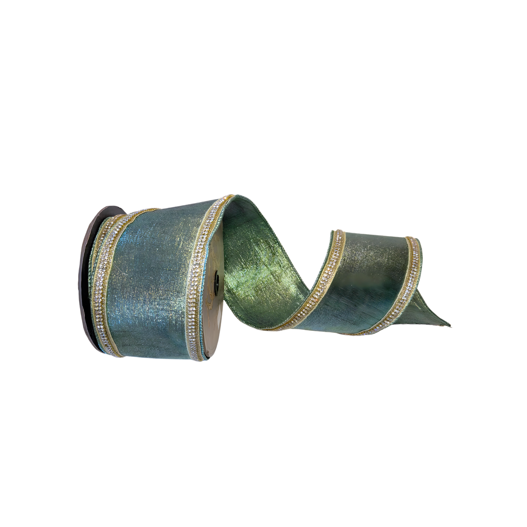 Metallic blue dupioni ribbon with jeweled trim, 4-inch wired designer holiday ribbon for trees, wreaths, and luxury Christmas decorating.