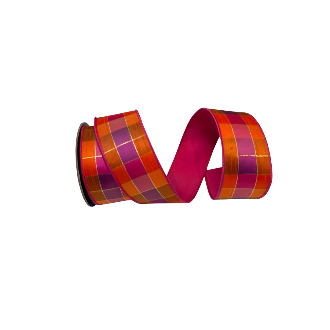 Hot pink and orange plaid designer ribbon with taffeta backing by D. Stevens, 2.5-inch wired ribbon roll for holiday, floral, and luxury décor styling.