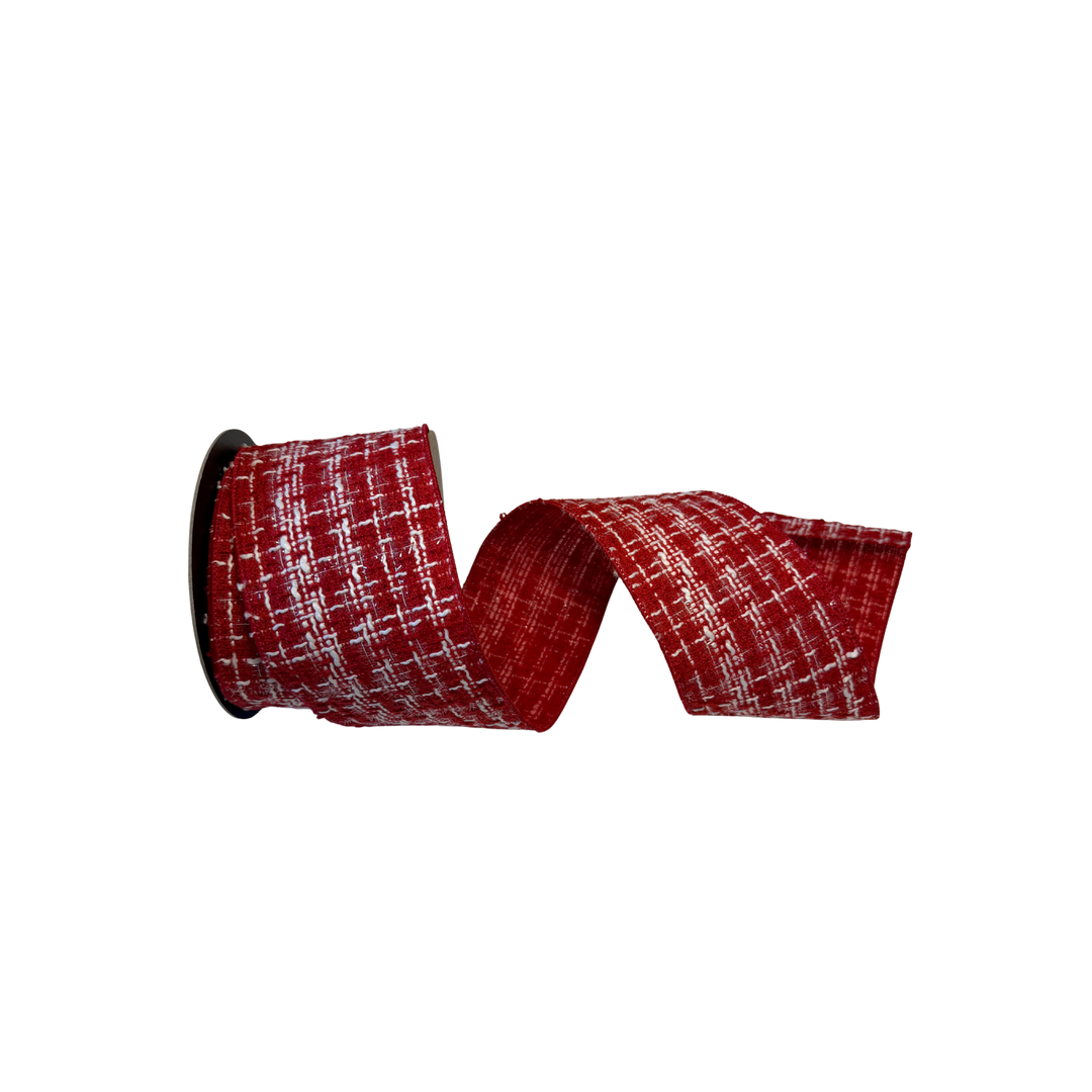 Red and white bouclé holiday ribbon by D. Stevens, 4-inch wired designer ribbon roll for Christmas tree decorating, wreaths, and luxury holiday styling.