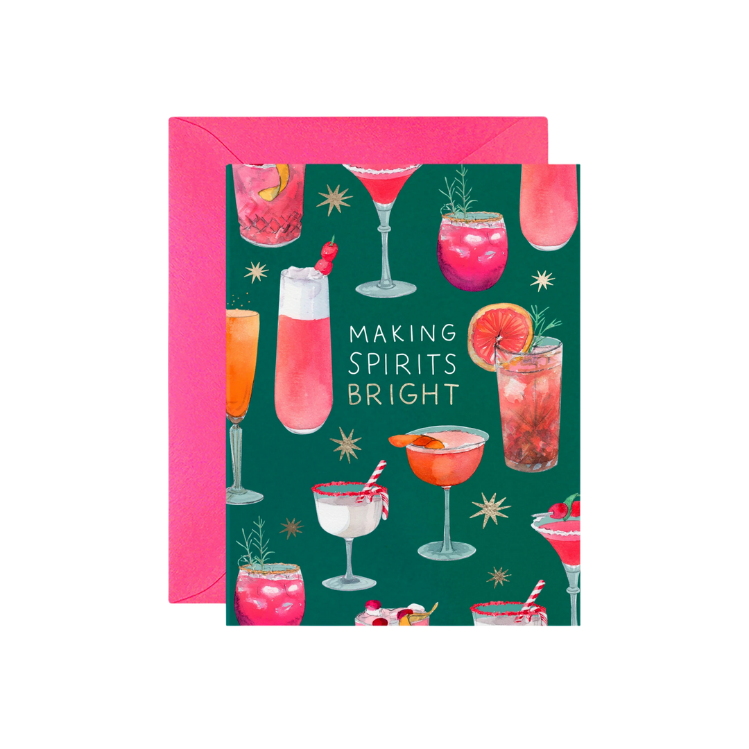Greeting card with cocktail illustrations and pink envelope on a white background