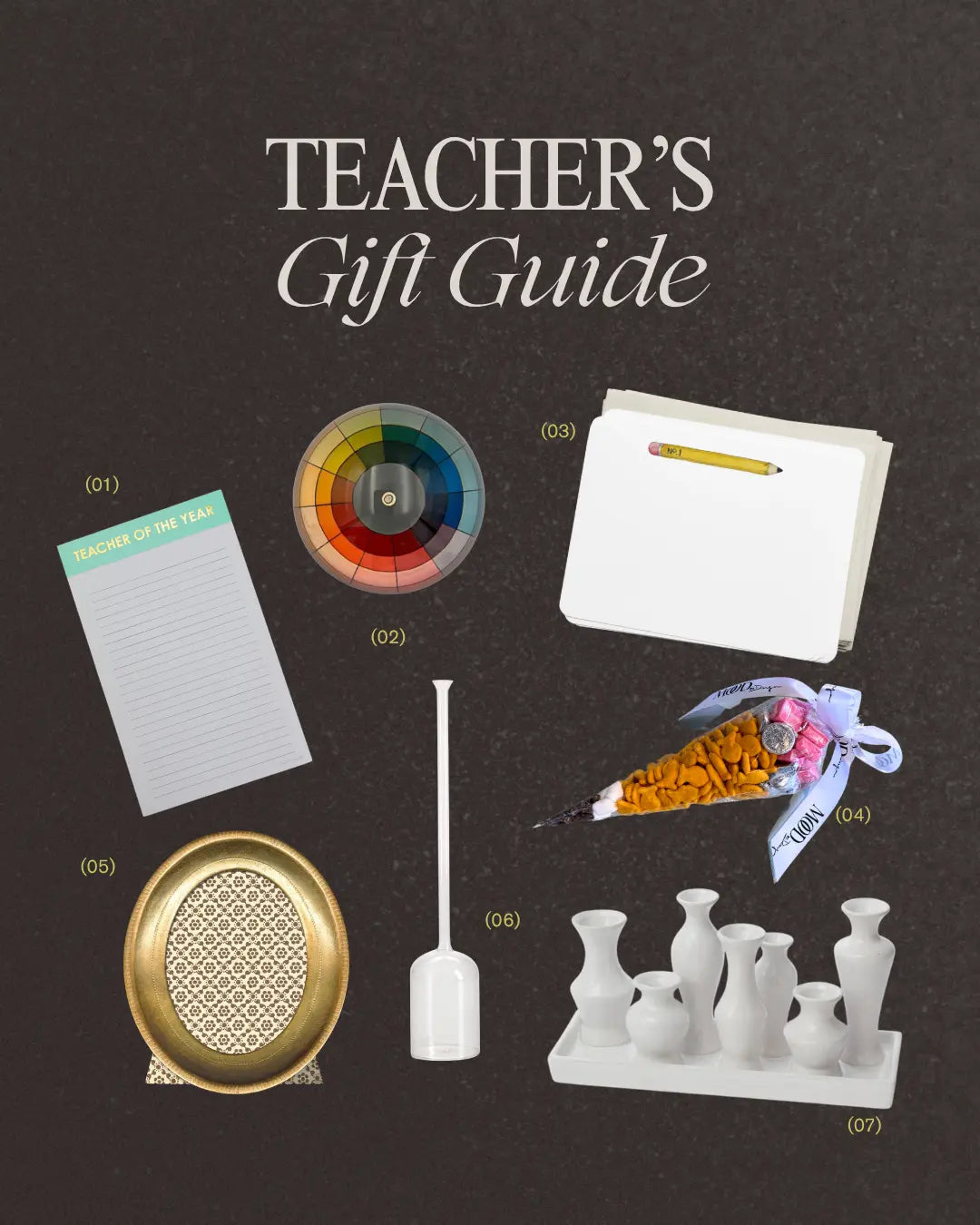 Mood by DMJ Teacher's Gift Guide featuring a color wheel paperweight, pencil notepad and stationery, gold-leaf Florentine frame, and white ceramic bud vases on a dark background.