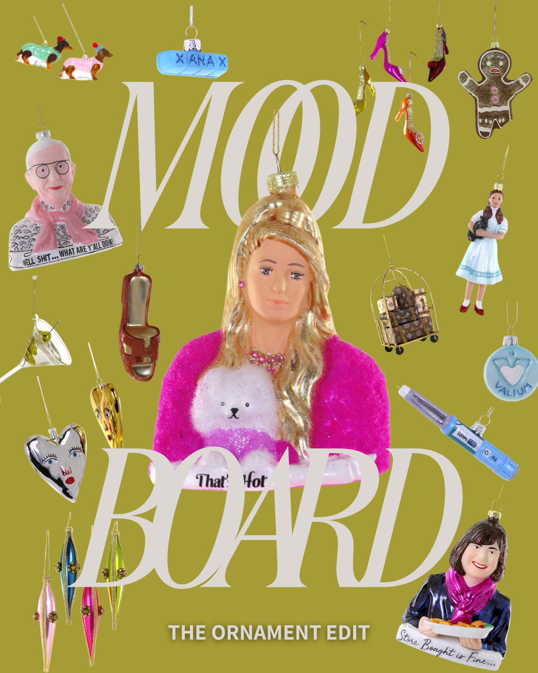 Unique and funny Christmas ornaments from Mood by DMJ in Lafayette, LA — featuring Paris Hilton “That’s Hot,” Miranda Priestly from The Devil Wears Prada, and Ozempic-inspired weight-loss injection ornaments, part of Mood’s holiday collection.