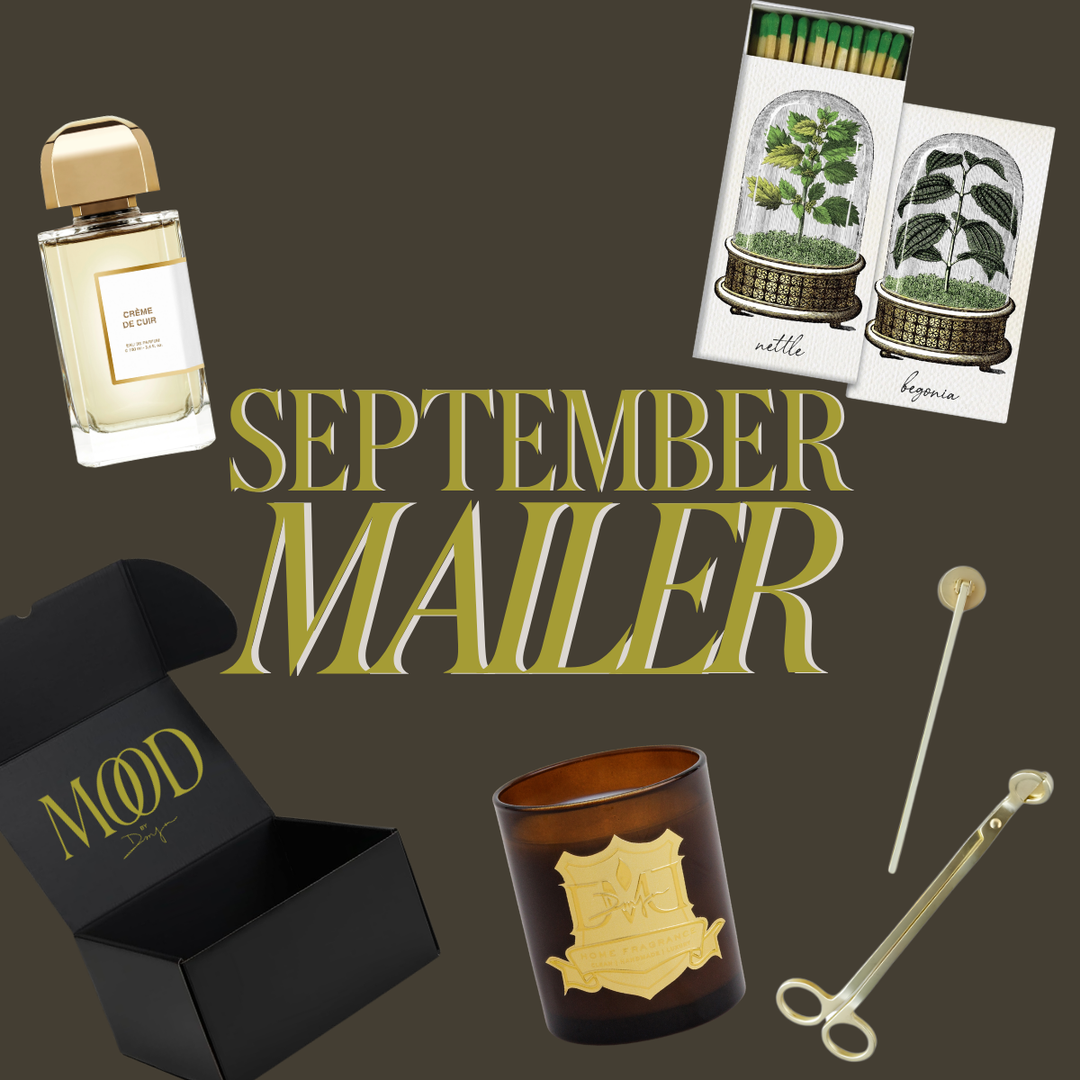 September Mood Mailer flatlay: DMJ Sweet Pepper candle, Saint Austin botanical matches, gold snuffer and wick trimmer, and Crème de Cuir by BDK Parfums