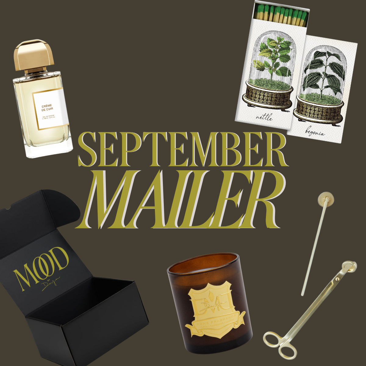 September Mood Mailer flatlay: DMJ Sweet Pepper candle, Saint Austin botanical matches, gold snuffer and wick trimmer, and Crème de Cuir by BDK Parfums