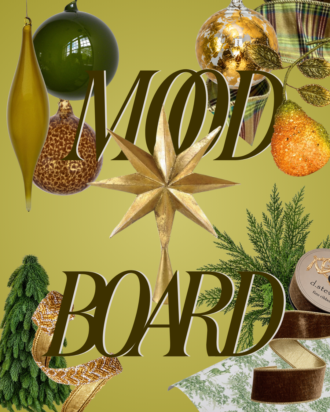 Green and brown Christmas decor mood board with olive glass ornaments, a gold star tree topper, a sugared pear and brown velvet ribbon