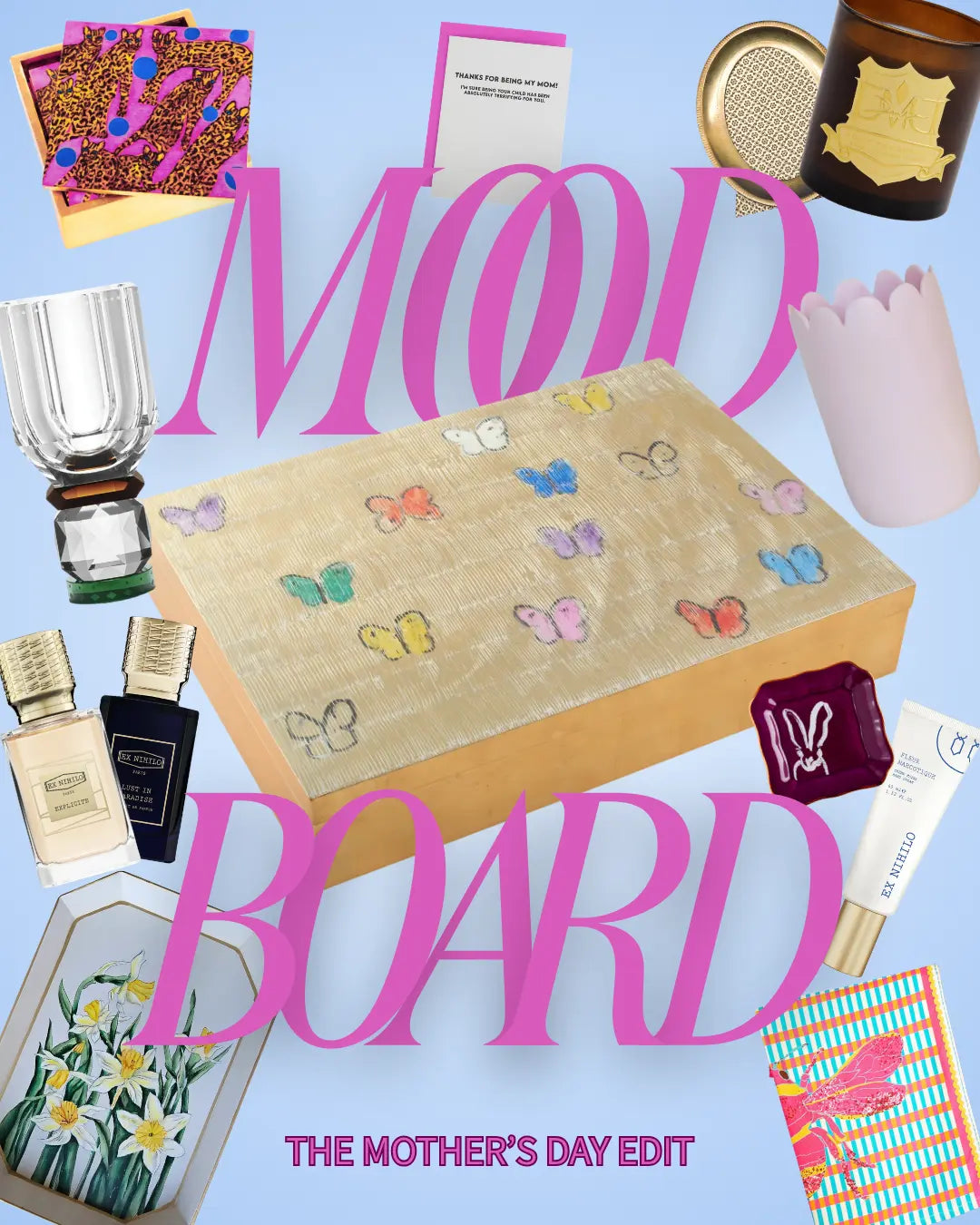 Mood by DMJ Mother's Day Gift Guide mood board featuring curated gifts including luxury perfumes, artisan candles, decorative boxes, and floral-print accessories styled on a gold tray.