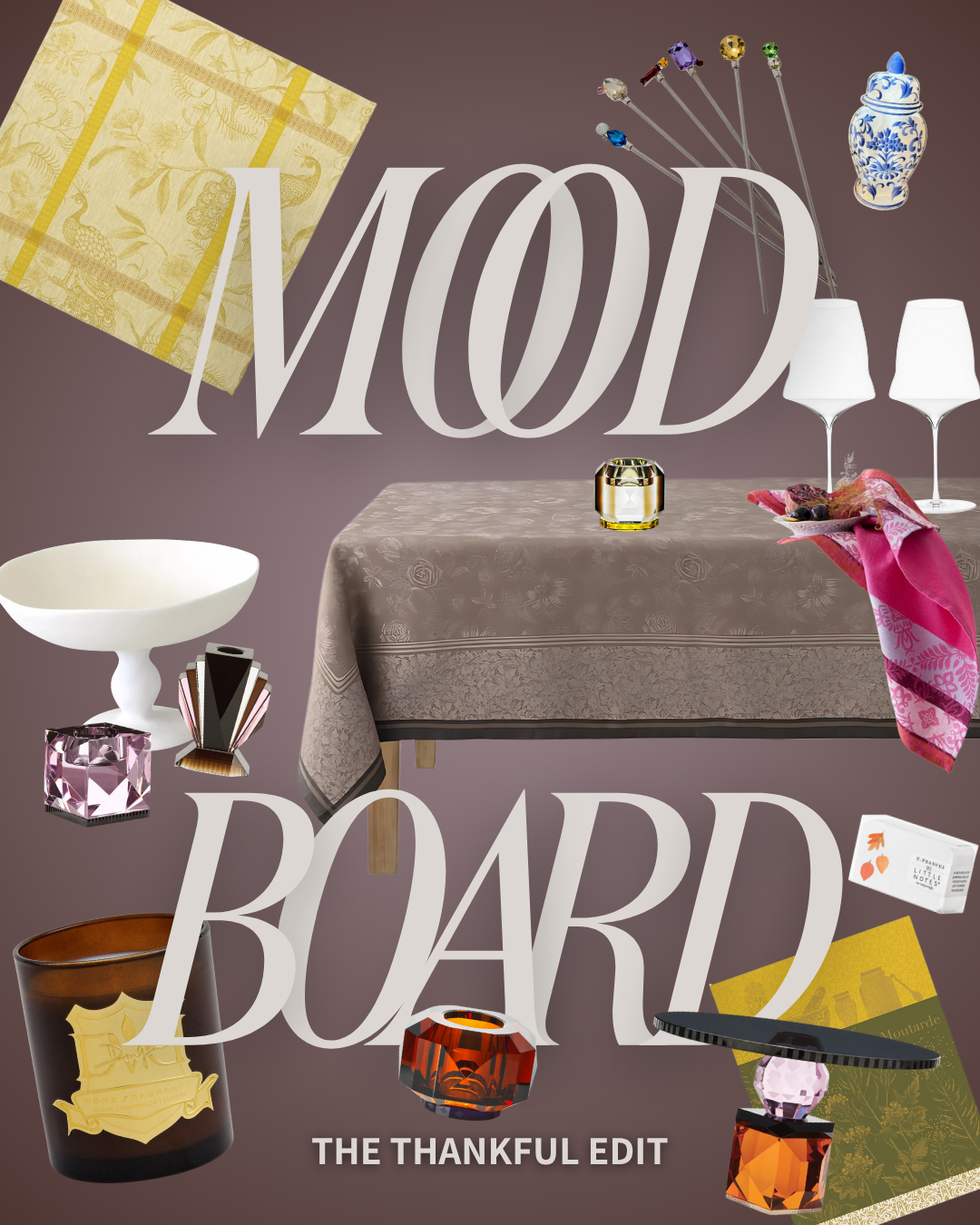 Thanksgiving tablescape mood board by Mood by DMJ featuring Le Jacquard Français linens, Reflections Copenhagen crystal, Pols Potten serveware, and DMJ Home Fragrance candle.