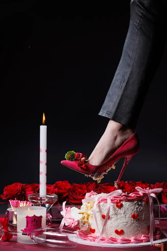 Luxury Valentine fragrance candles by Mood by DMJ styled in a romantic setting, perfect for gifting and home ambiance in Lafayette, Louisiana.