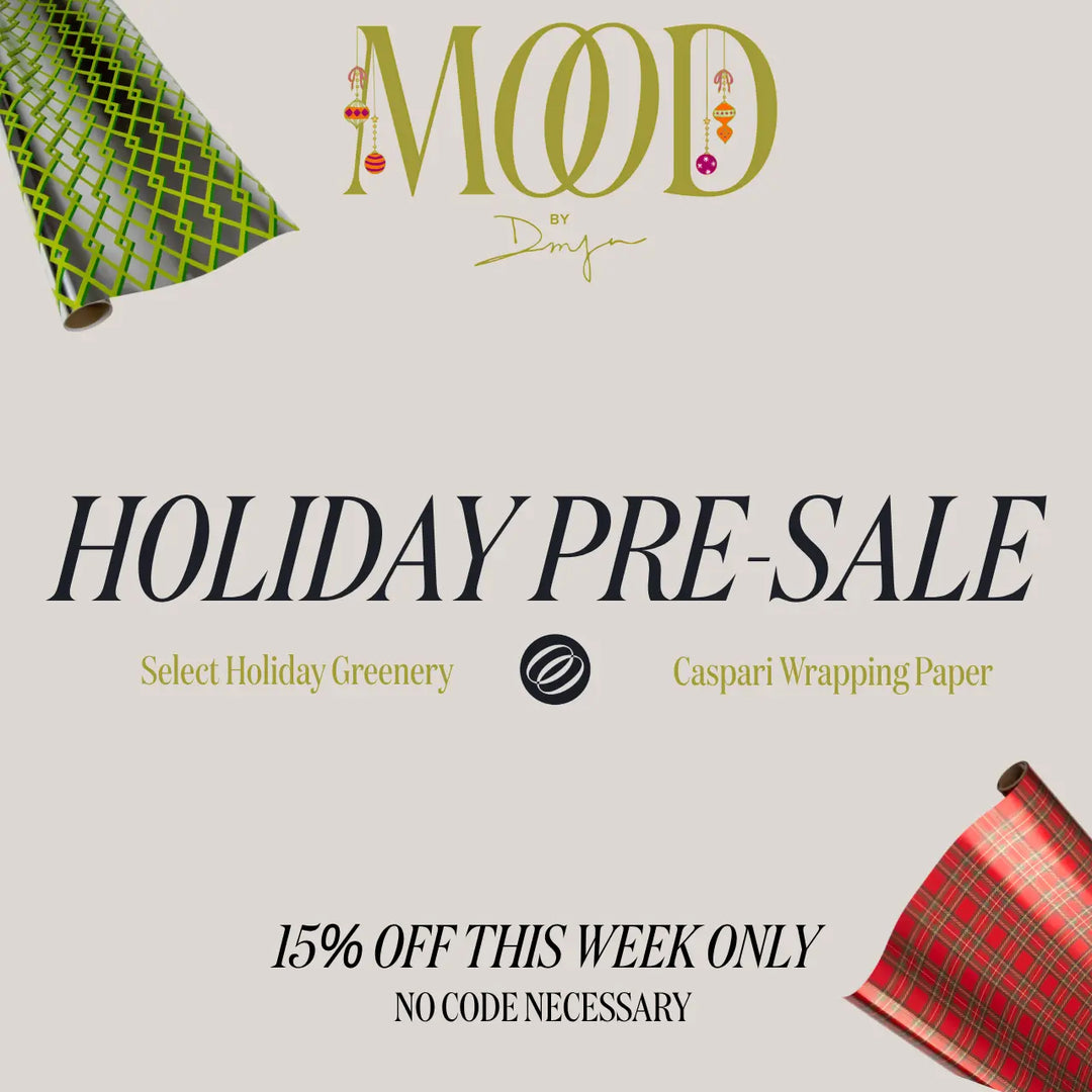 Holiday Pre-Sale banner: 15% off select holiday greenery and Caspari wrapping paper this week only, no code necessary