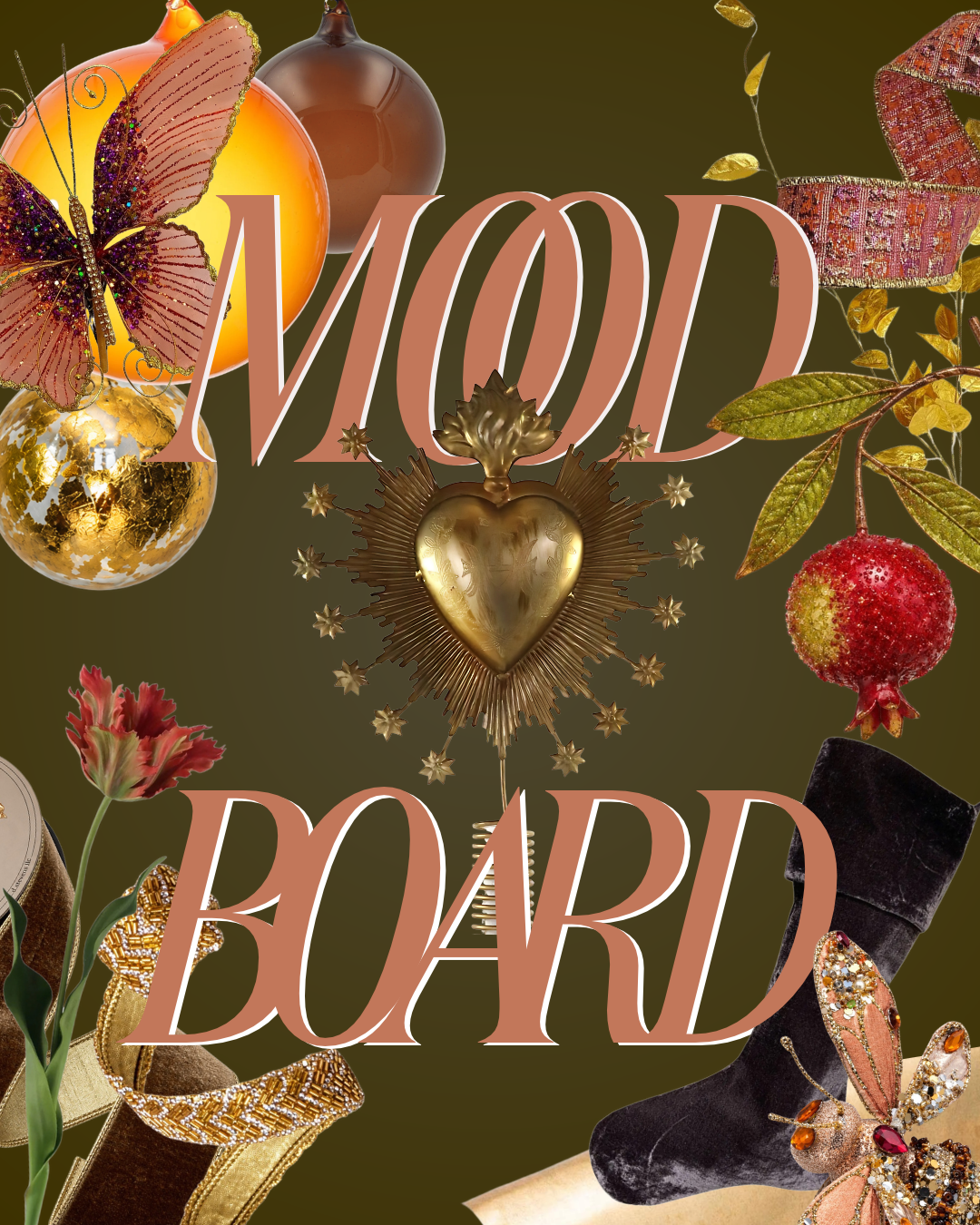 Maximalist Christmas decor mood board by Mood by DMJ with amber and gold leaf glass ornaments, a glitter butterfly, a gold sacred heart tree topper, a glittered pomegranate pick, a parrot tulip, gold beaded trim, velvet ribbon and a black velvet stocking