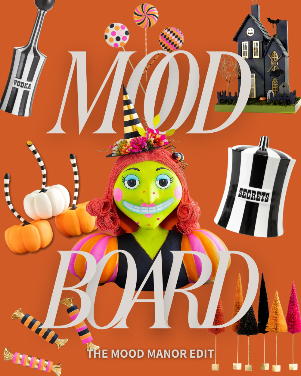 Mood Board Halloween graphic with Glitterville Itchy Witchy, pumpkins, and candy on orange