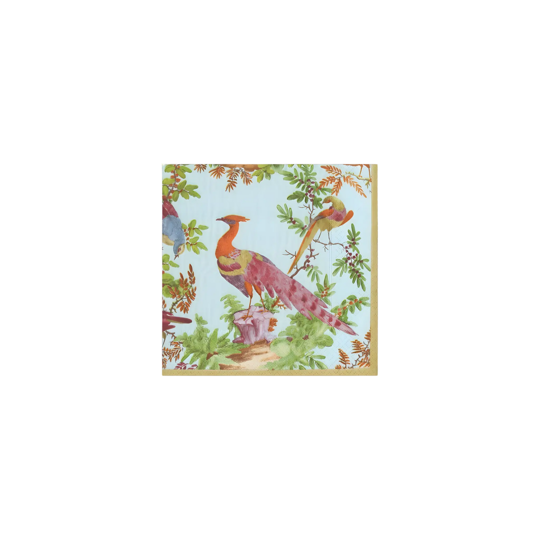 Caspari Chelsea Birds cocktail napkin with a colorful pheasant and floral print
