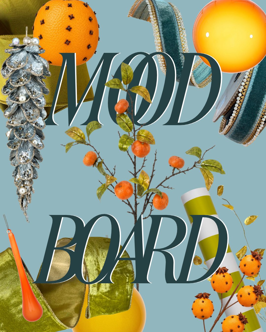 Pomander and teal Christmas decor mood board by Mood by DMJ with clove orange pomanders, a persimmon branch, teal velvet ribbon with pearl trim, chartreuse stripe wrapping paper and orange glass ornaments