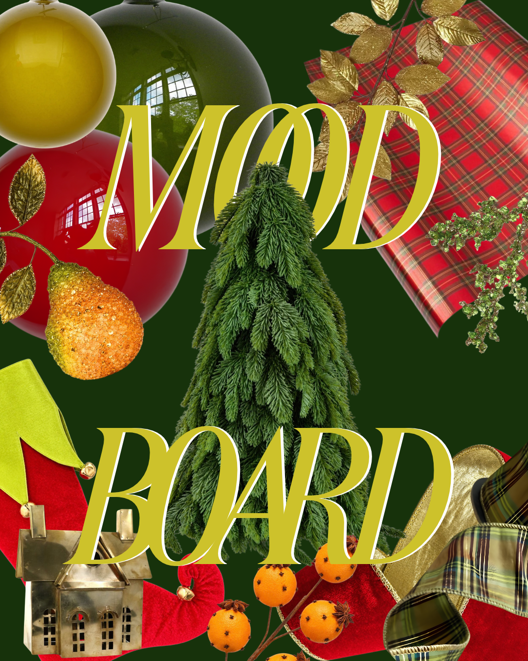 Traditional red and green Christmas decor mood board by Mood by DMJ with red and moss glass ornaments, a tabletop tree, tartan wrap, a sugared pear, clove orange pomanders and a brass village house