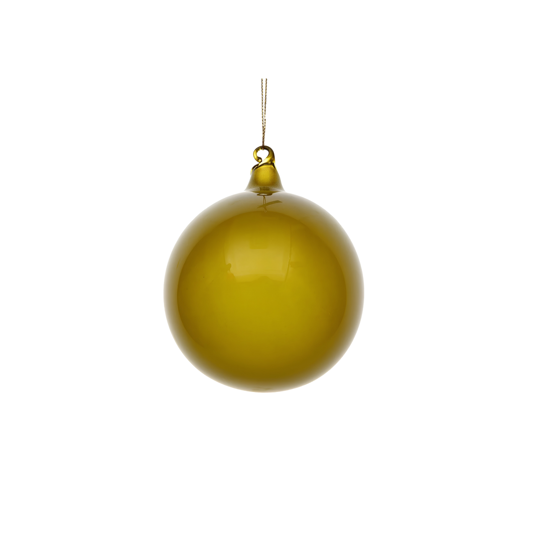Jim Marvin 100mm moss green hand-blown glass ball ornament with an olive gold cast, from Mood by DMJ