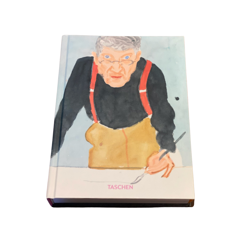front book cover featuring an illustration of David Hockney with a dog, indicating the artist's work and life.