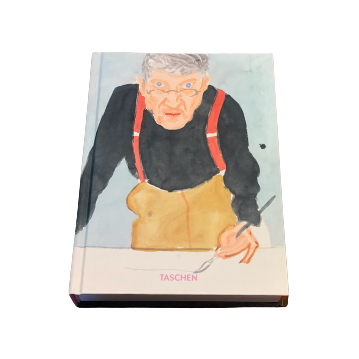 front book cover featuring an illustration of David Hockney with a dog, indicating the artist's work and life.