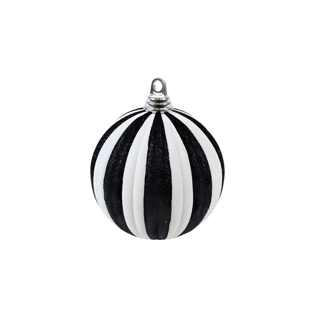 Black and White Stripe Shatterproof Ornament made of durable plastic with glossy and matte finish, modern round design for Christmas décor in Lafayette, LA.