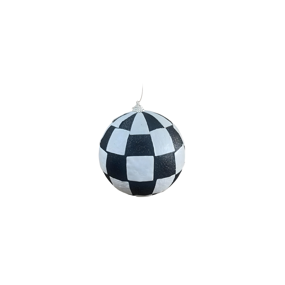 Black and White Checkered Shatterproof Ornament in 4-inch sizes made of durable plastic with glossy hand-painted finish for holiday décor in Lafayette, LA.