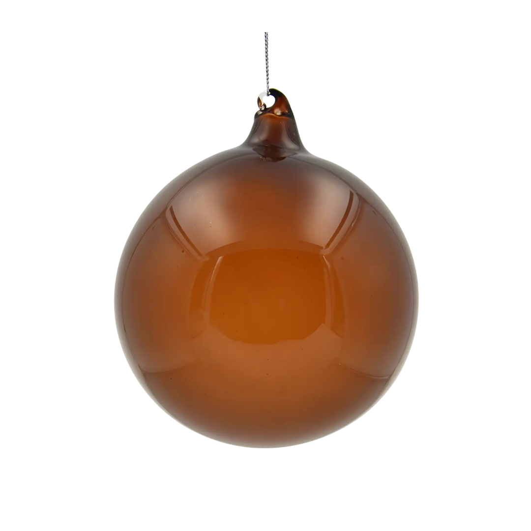 Jim Marvin 150mm chocolate brown hand-blown glass ball ornament with a high gloss finish, from Mood by DMJ