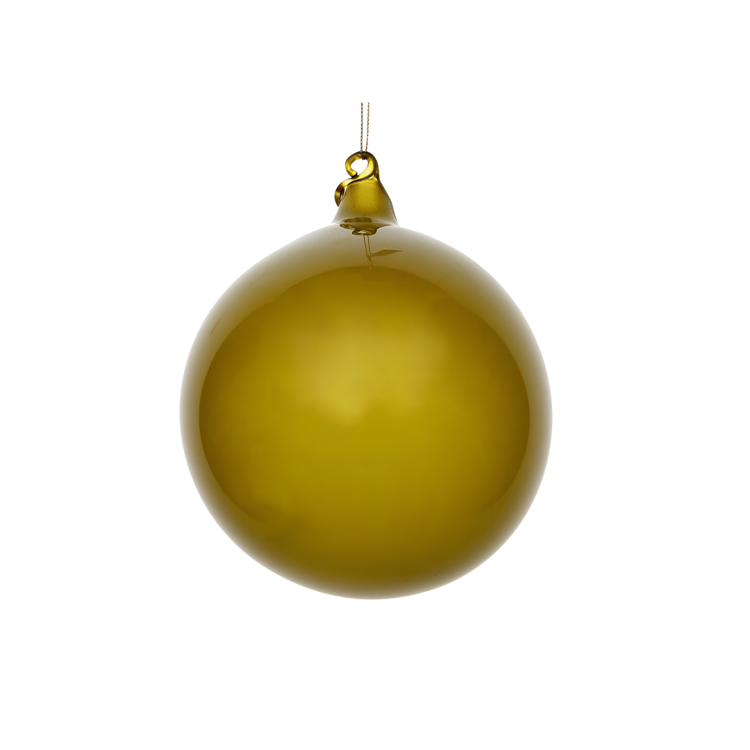 Jim Marvin 150mm moss green hand-blown glass ball ornament with an olive gold cast, from Mood by DMJ