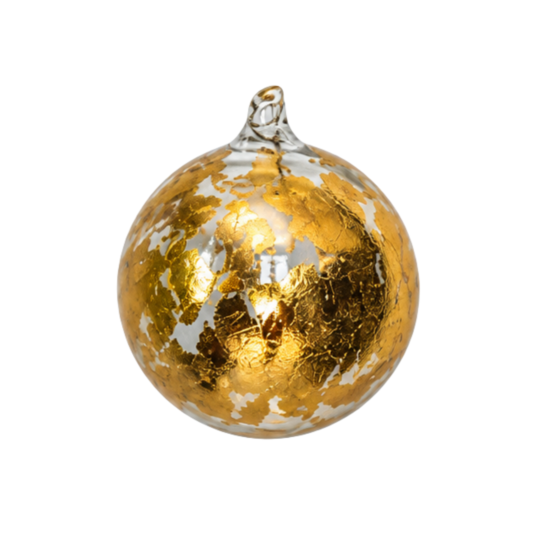 Jim Marvin 150mm clear hand-blown glass ball ornament with metallic gold leaf inside, from Mood by DMJ