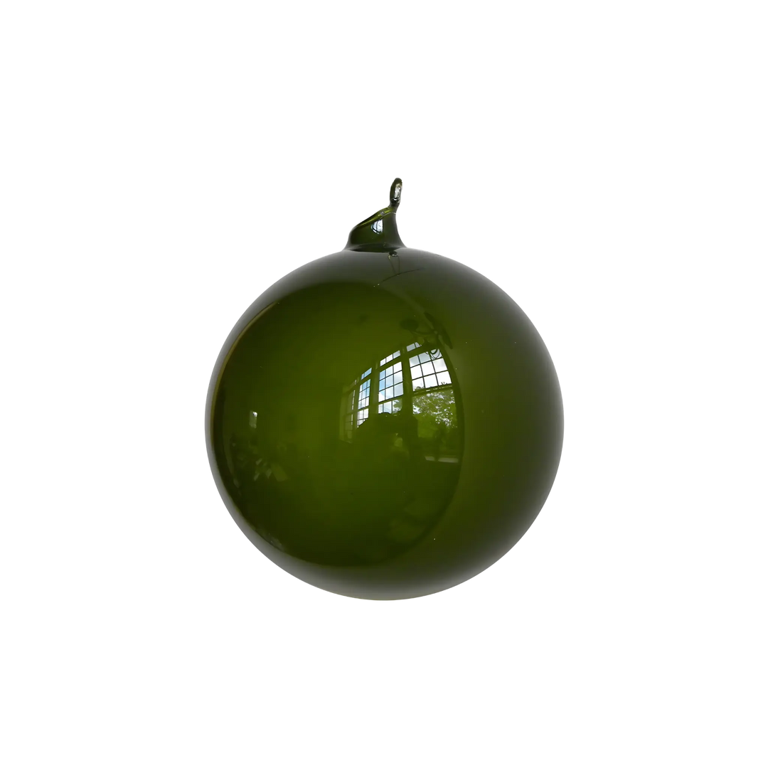 Jim Marvin moss green hand-blown glass ball ornament with a high gloss finish, from Mood by DMJ