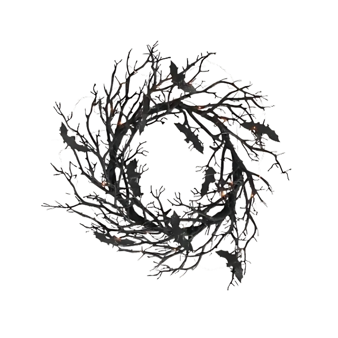 24" Halloween Bat Twig Wreath with Orange LED Lights, black Bat Wreath with Orange LED Lights for Halloween decor at Mood by DMJ in