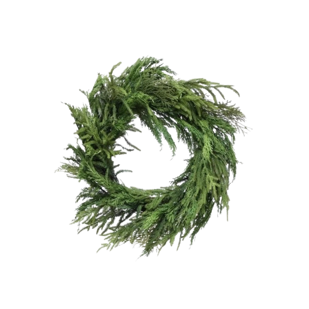 26 inch Cypress and Norfolk Pine Wreath with real touch greenery for front doors and mantels