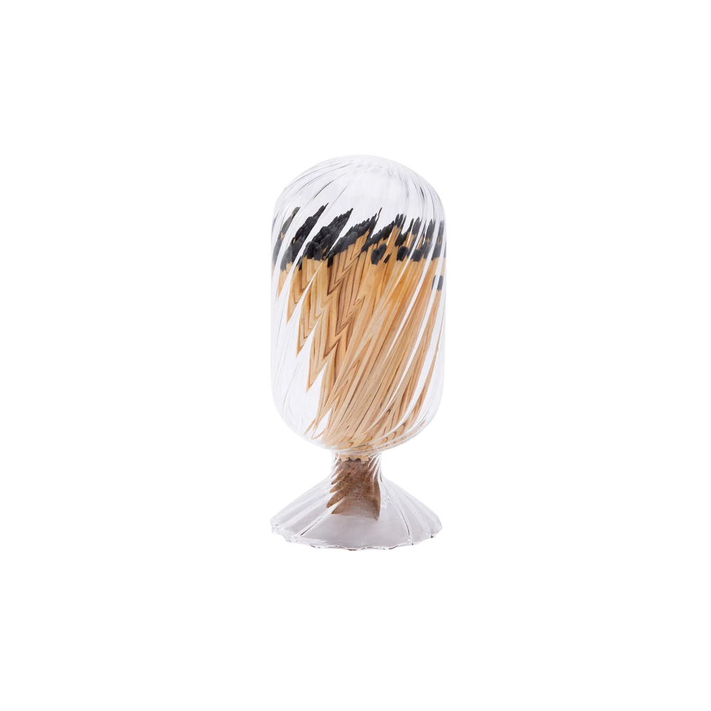 Handblown clear glass Helix Match Cloche filled with black-tipped matches and cork stopper.