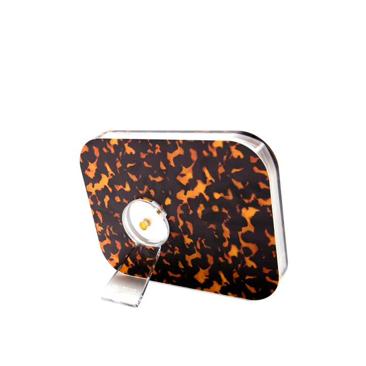 Tortoise acrylic POP Frame with thick clear body and twist-out kickstand.