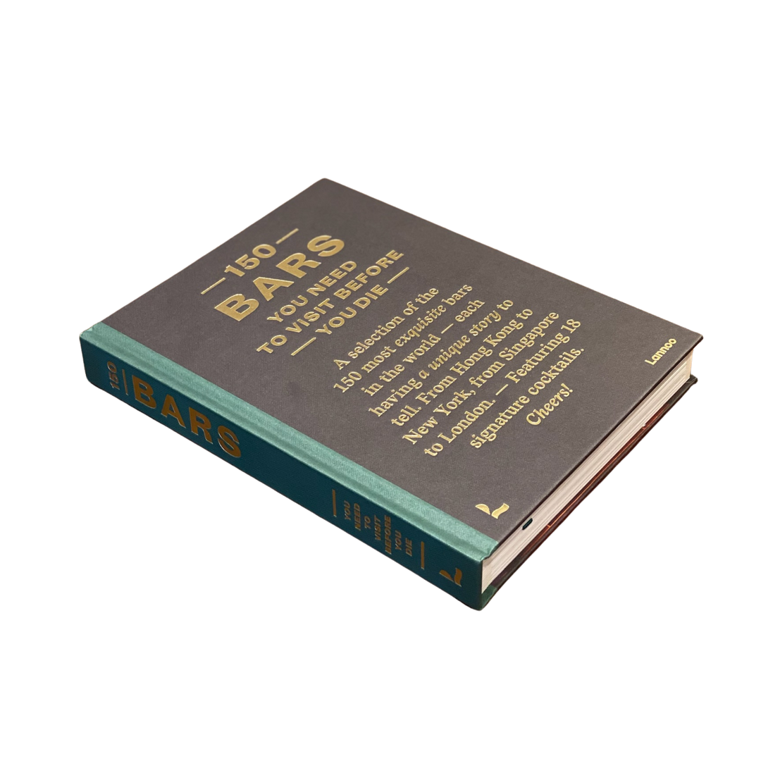 A book titled '150 Bars You Need To Visit Before You Die' with a grey and green cover