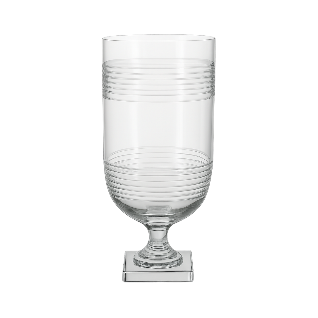 Large Etched Stripe Hurricane – 17.5 inch mouth-blown glass candle holder with etched stripe design and pedestal base at Mood by DMJ Lafayette, Louisiana