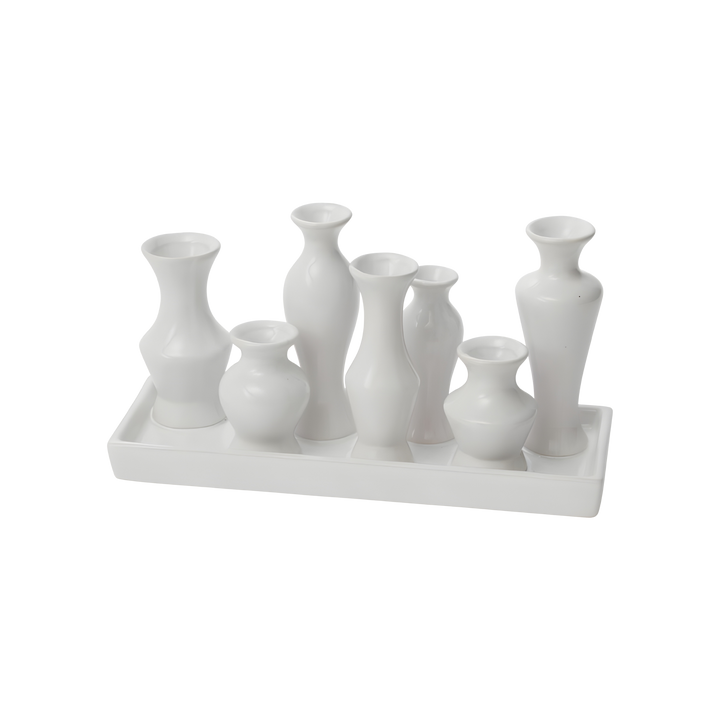 Rectangular white ceramic budvase centerpiece featuring modern tulip-shaped vases on a tray