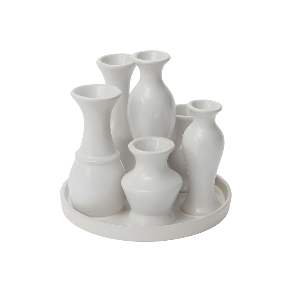 Glossy white ceramic round budvase set with sculptural tulip-shaped vases on an attached tray