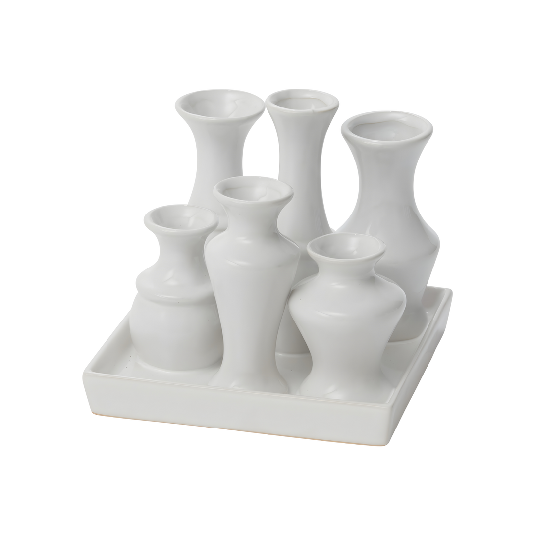 Square white ceramic budvase arrangement with multiple tulip-style vases in varying heights