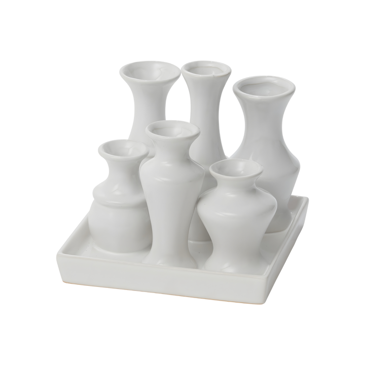 Square white ceramic budvase arrangement with multiple tulip-style vases in varying heights