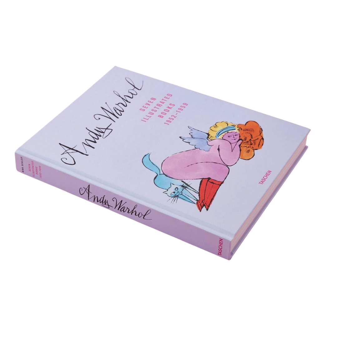XL hardcover book of Andy Warhol’s Seven Illustrated Books 1952–1959 featuring early hand-drawn artwork and rare pre-Pop illustrations displayed in a luxury art book setting.