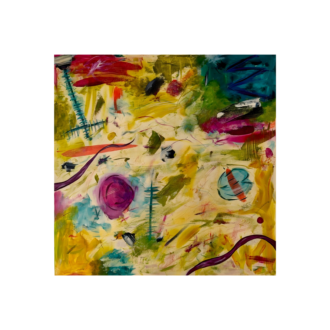 Aries Rage 36x36 original mixed media abstract artwork titled Aries Rage by artist B featuring vibrant yellow, magenta, teal, and plum tones with expressive brushwork and a thumbprint signature within the composition.