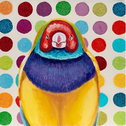 Mood by DMJ in Lafayette, Louisiana – Ashley Longshore “Todd,” 12x12 whimsical mixed media bird painting with vibrant colors and glossy resin finish