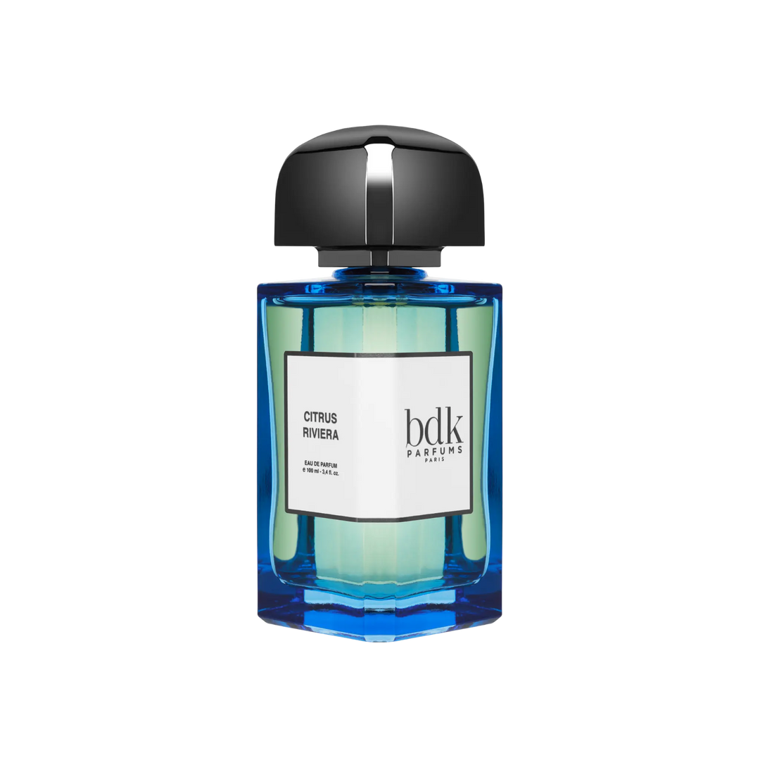 Citrus Riviera Eau de Parfum by BDK Parfums - side view of unisex niche citrus floral woody blue fragrance bottle with bdk Parfums label