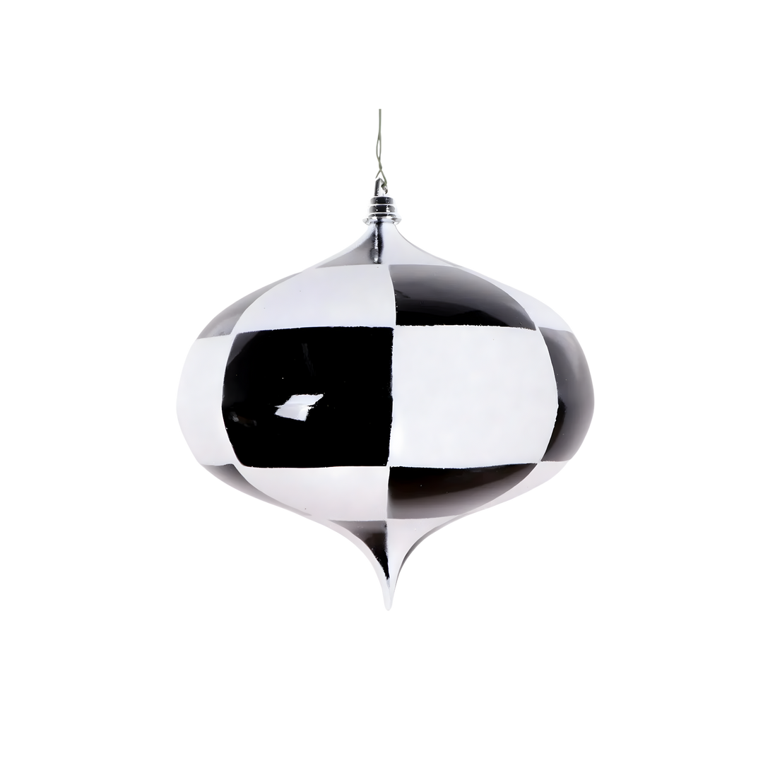 Black and White Checkered Finial Ornament made of shatterproof plastic with glossy finish, modern teardrop design for Christmas décor in Lafayette, LA.