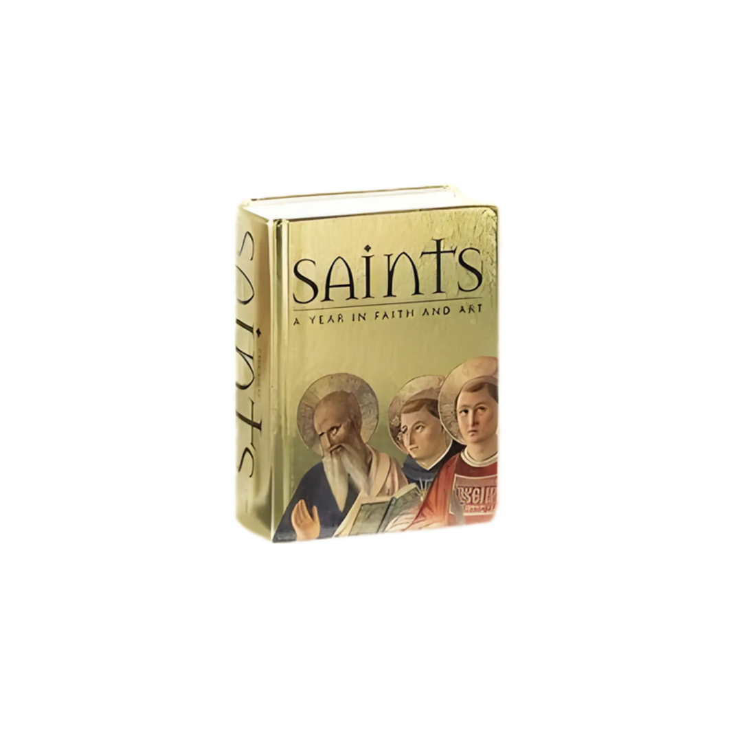 Saints A Year in Faith and Art book with gold cover featuring classical religious painting of saints and devotional design
