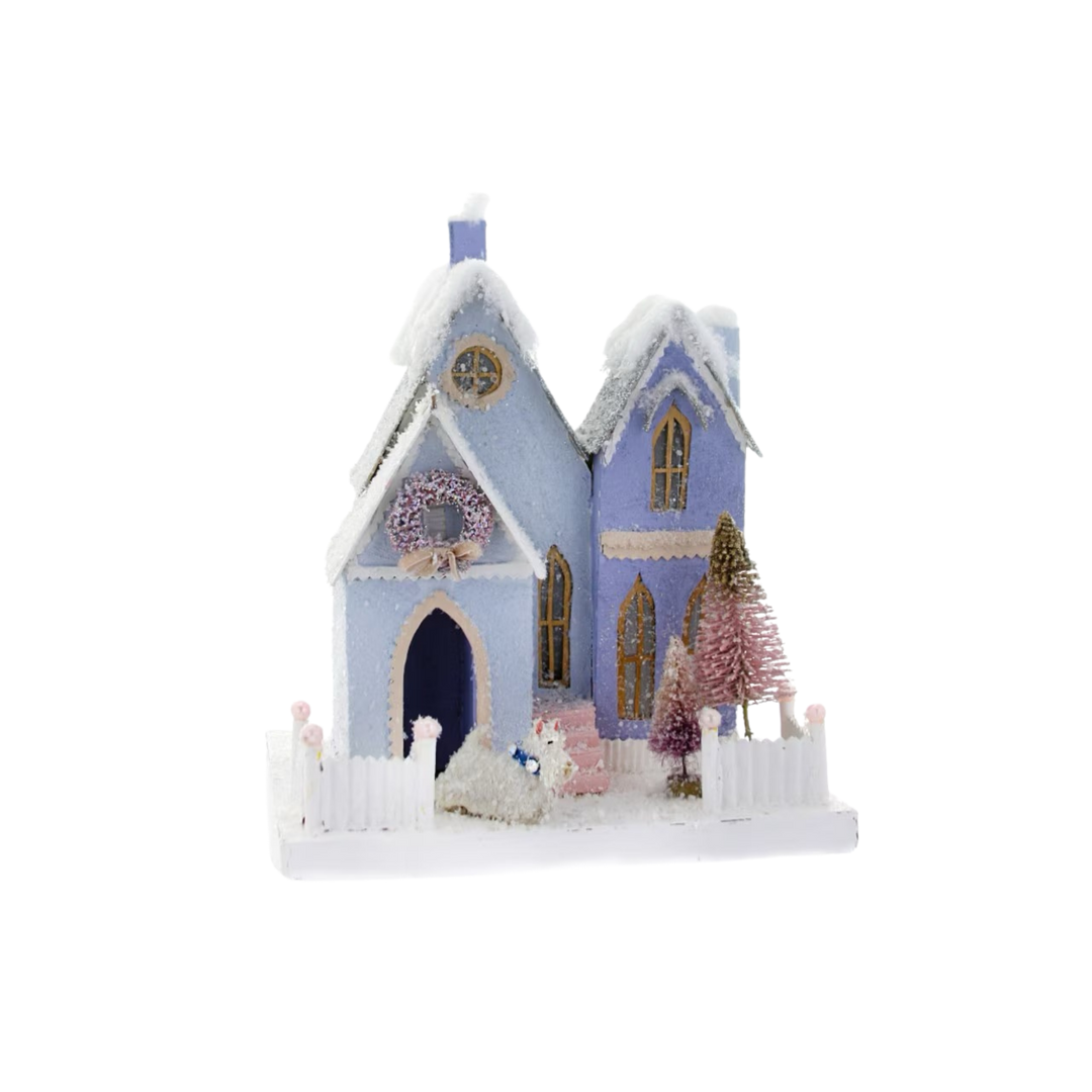 Cody Foster blue bungalow Christmas village house from Mood by DMJ, whimsical pastel holiday cottage with glitter accents