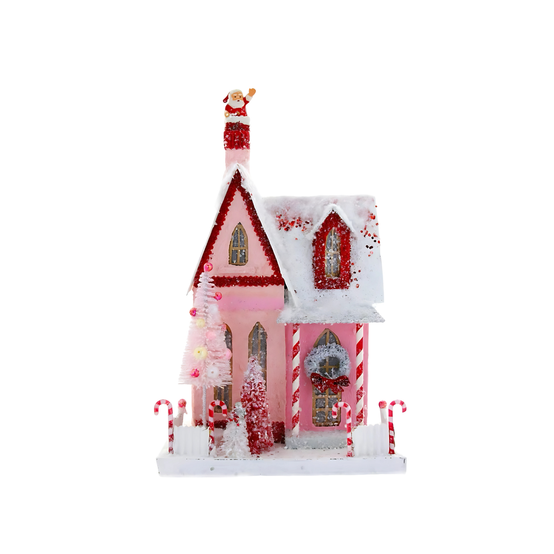 Cody Foster candy cane cottage Christmas village from Mood by DMJ, festive holiday house decorated with candy cane stripes and glitter
