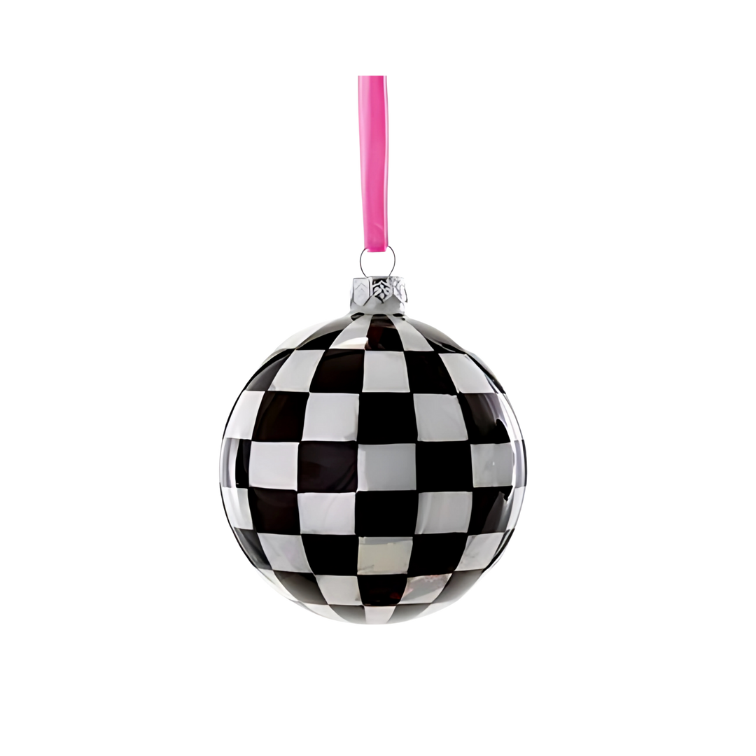 Cody Foster black and white checkered ball ornament with pink ribbon from Mood by DMJ, bold graphic bauble for modern Christmas décor