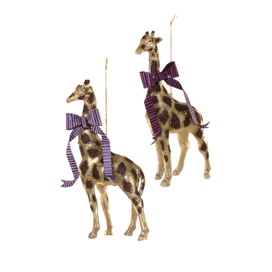 Cody Foster giraffe with bow ornament from Mood by DMJ, whimsical safari-inspired Christmas ornament featuring giraffe with oversized pink bow
