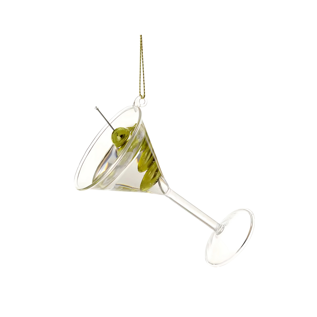 Cody Foster dirty martini ornament from Mood by DMJ, sparkling glass cocktail ornament with olive detail, chic bar-inspired holiday décor