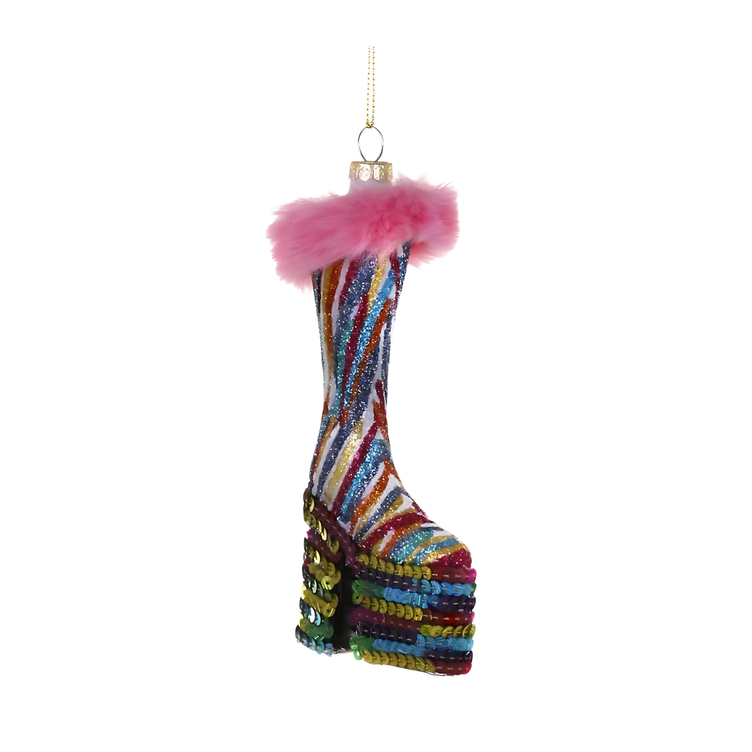 Cody Foster disco boot ornament from Mood by DMJ, retro go-go boot covered in rainbow glitter, funky statement holiday décor